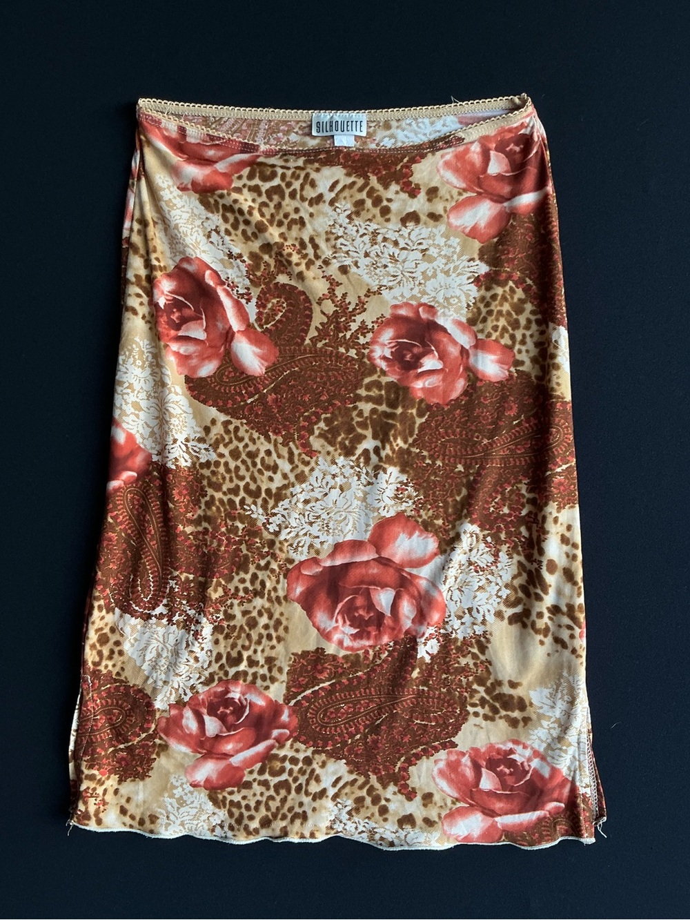 Silhouette Floral & Animal Print Midi Skirt in Red and Tan